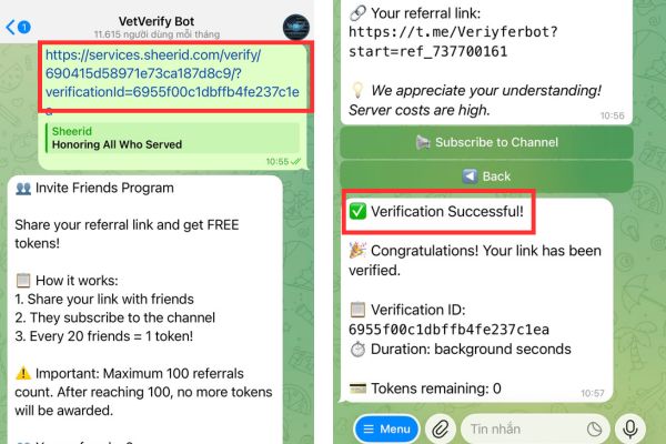 Dán link SheerID vào chatbot Telegram