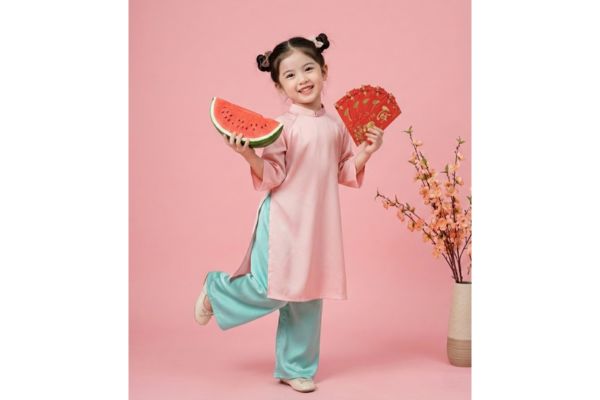 Bé vui đùa cùng dưa hấu và lì xì