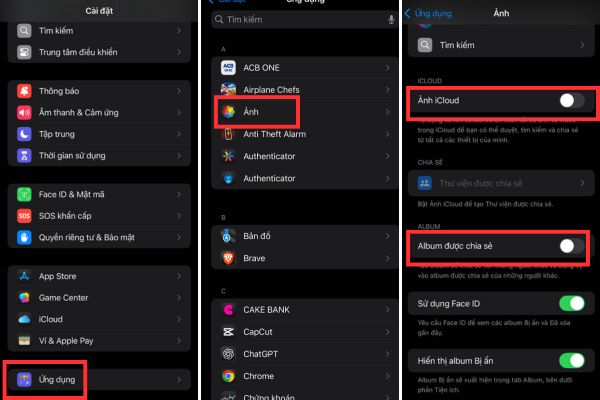 Tắt công tắc tại dòng Ảnh iCloud và Album được chia sẻ