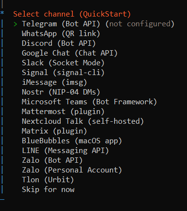 chọn kênh giao tiếp openclaw