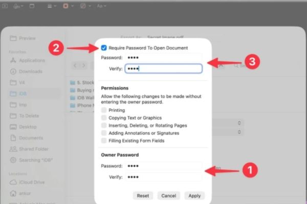 Tích vào ô "Require Password To Open Document"