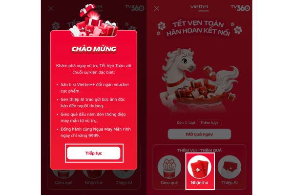 Nhấn mục "Nhận lì xì"