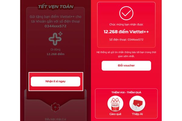 Nhấn vào nút "Nhận lì xì ngay"