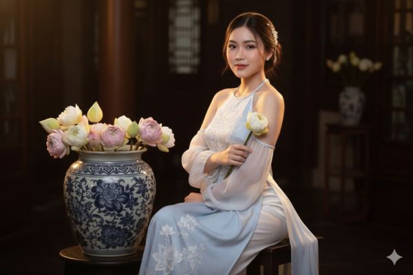 Hướng dẫn cách tạo ảnh mặc áo yếm thêu sen đón Tết 2026 15 Dáng ngồi ôm hoa sen