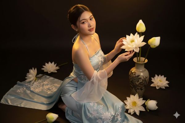 Hướng dẫn cách tạo ảnh mặc áo yếm thêu sen đón Tết 2026 16 Góc chụp từ trên cao