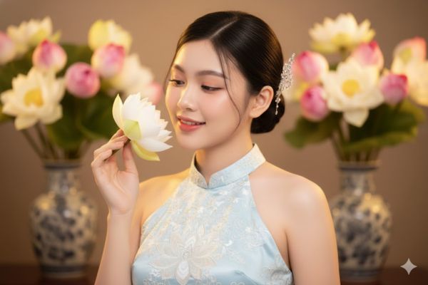 Hướng dẫn cách tạo ảnh mặc áo yếm thêu sen đón Tết 2026 18 Cận cảnh chân dung