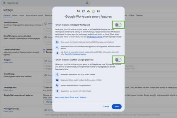 Tắt hai tùy chọn về tính năng thông minh trong Workspace