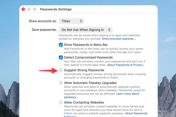 Uncheck the Suggest Strong Password box