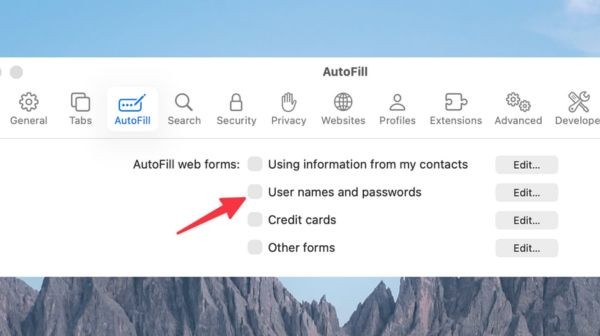 Uncheck User names and passwords