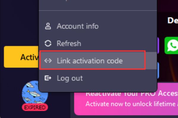 Chọn dòng Link activation code