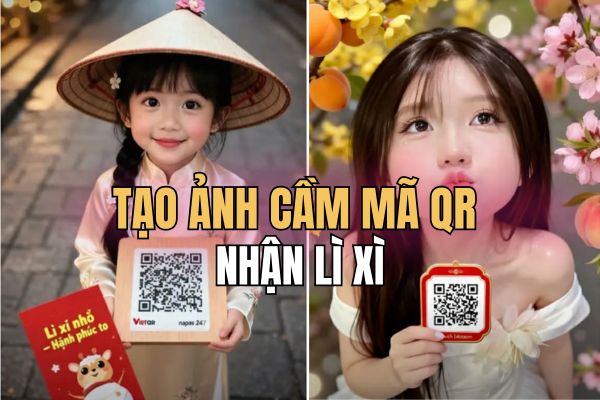 Instructions for creating a photo holding a QR code to receive super cute lucky money for Tet