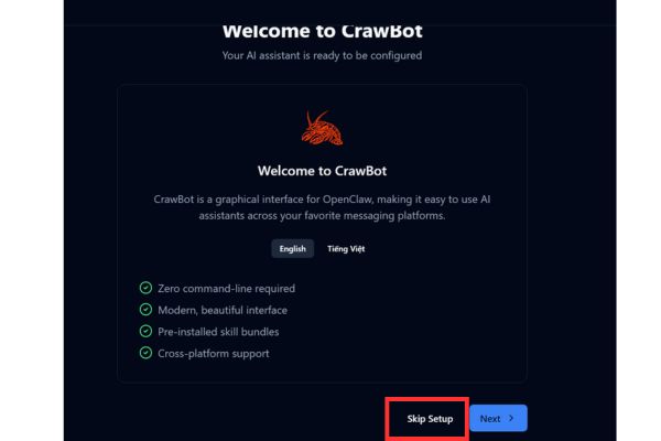 Nhấn vào nút Skip Setup