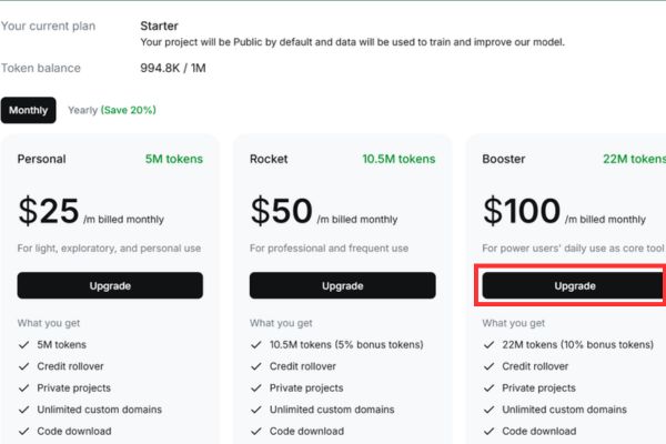 Chọn gói Booster với mức giá 100$/tháng