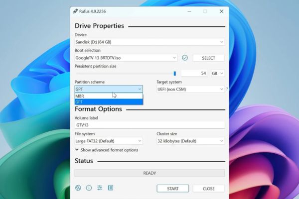Hướng dẫn cài Google TV lên USB để biến PC thành TV 23 Chọn GPT hoặc MBR