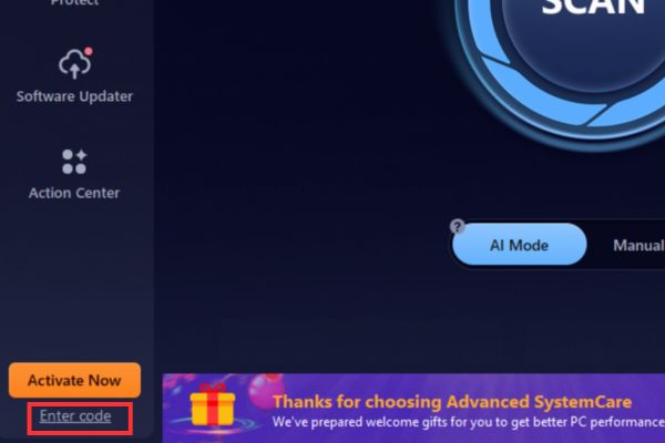 Nhận key Advanced SystemCare 19 Pro miễn phí 6 tháng 11 Bấm vào dòng chữ "Enter Code"
