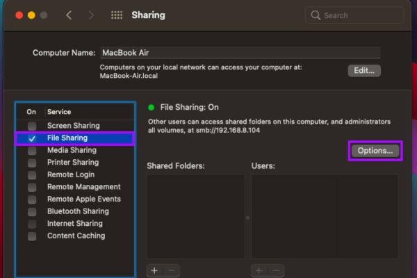 Tích chọn vào ô File Sharing