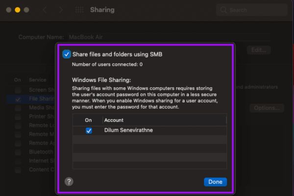 Tích chọn Share files and folders using SMB