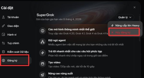 Cách nâng cấp SuperGrok Heavy miễn phí 1 năm qua Amazon Pay 29 Chọn Hủy gói đăng ký