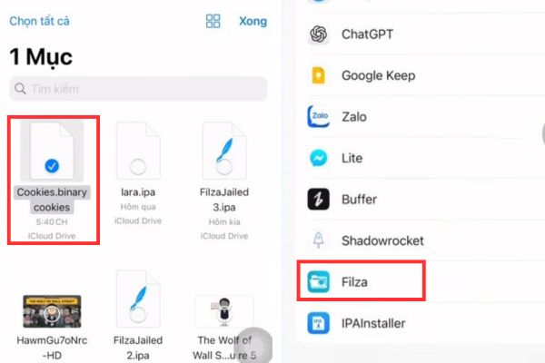 Chọn ứng dụng Filza để mở tệp tin