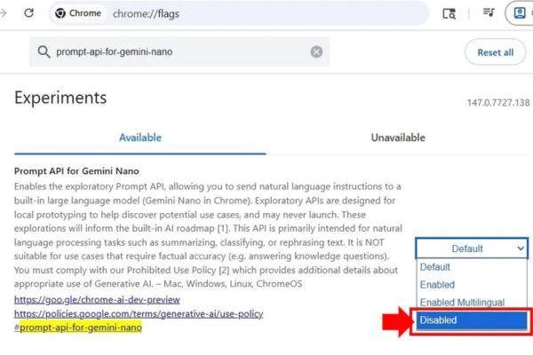 How to turn off Gemini Nano on Chrome to free up 4GB of memory 16 Select Disabled