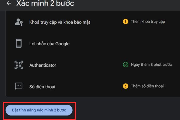 Bấm tiếp Bật tính năng xác minh 2 bước lên