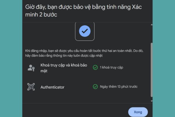 Thông báo xác minh 2 bước thành công
