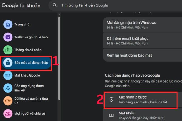 Tìm đến mục Xác minh 2 bước
