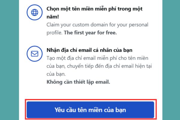 Nhấn vào nút Yêu cầu tên miền của bạn