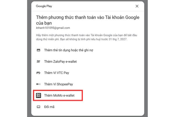 Chọn Thêm MoMo e-Wallet