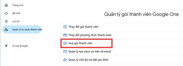 Tìm đến mục Hủy gói thành viên