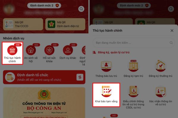 Chọn vào phần Khai báo tạm vắng