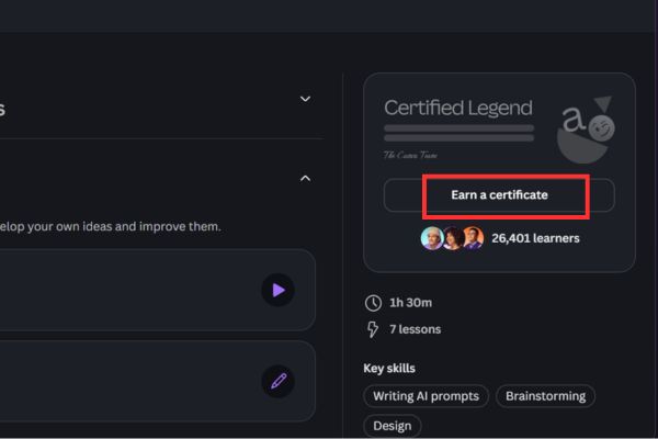 Nhấn chọn Earn a certificate