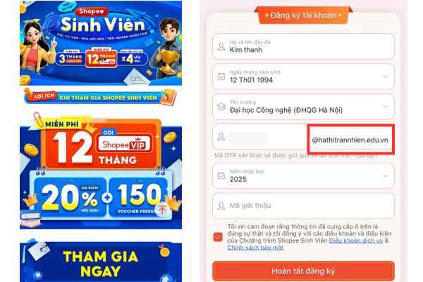 Đăng ký trên ứng dụng Shopee