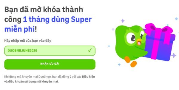 Hướng dẫn cách nhập code 1 tháng Super Duolingo