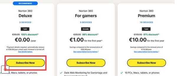 Hướng dẫn cách nhận Norton 360 Deluxe 1 năm miễn phí 13 Chọn nút Subscribe Now