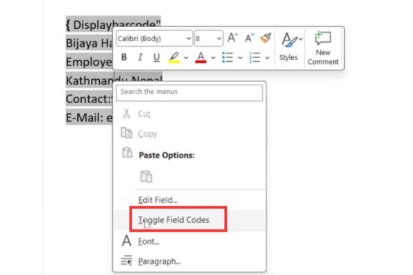 Instructions on how to convert text into QR codes in Word 15 Select the Toggle Field Codes command line