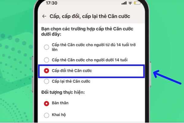 Tích vào ô Cấp đổi thẻ căn cước