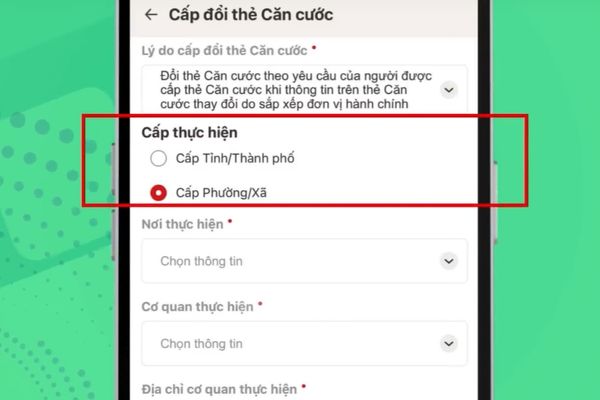 Tích chọn cấp thực hiện là Cấp Phường/Xã
