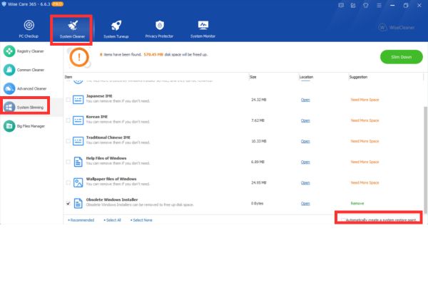 Bỏ dấu tick ở dòng Create a system restore automatically