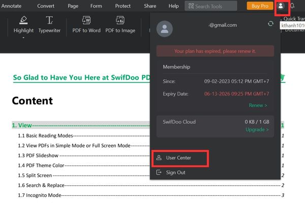 Chọn tiếp vào mục User Center