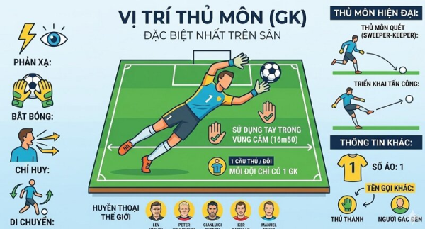 Khám phá chi tiết ký hiệu của các vị trí trong bóng đá hiện đại 11 Vị trí thủ môn trên sân bóng GK