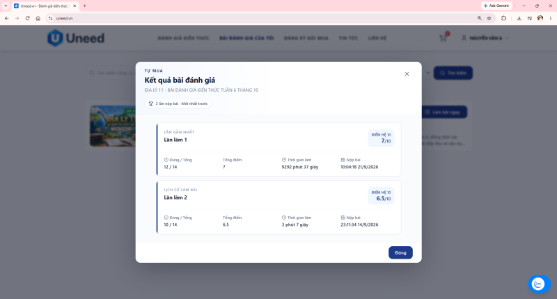 Hướng dẫn dùng Uneed.vn để đánh giá kiến thức Online miễn phí cho học sinh 38