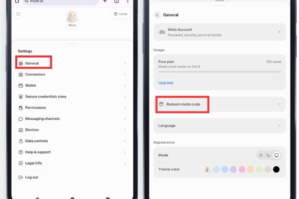 Hướng dẫn cách nhận 1 tỷ token Muse AI 12 Chọn Redeem Invite Code